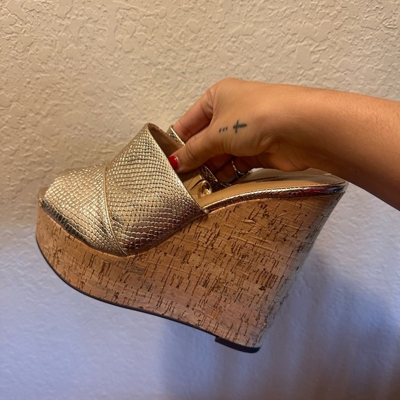 Express Metallic Gold Snakeskin Cork Wedge Heels - Picture 4 of 6